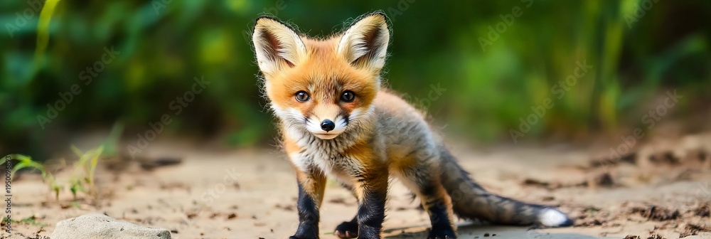 Obraz premium Adorable Red Fox Cub Portrait Curious Kit Gazes at the Camera in a Tranquil Natural Setting