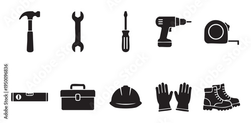 Collection of black silhouette icons representing various construction tools and safety equipment, isolated on a white background.