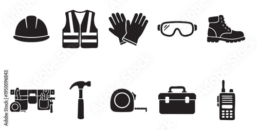A black and white illustration of various construction safety gear and tools including a hard hat, safety vest, gloves, goggles, boot, tool belt, hammer, tape measure, toolbox, and radio.