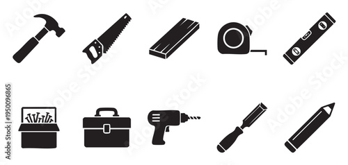 A collection of black silhouette icons depicting various construction and DIY tools, including a hammer, saw, tape measure, level, toolbox, drill, chisel, and pencil.