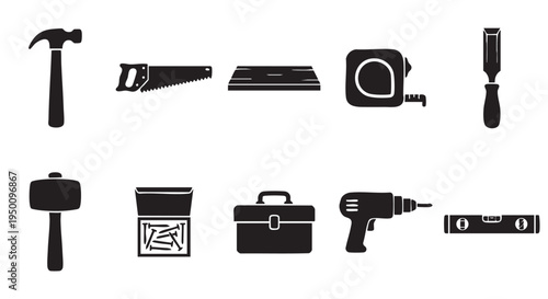 A collection of ten black silhouette illustrations of various construction tools neatly arranged against a clean white background, ideal for DIY projects.