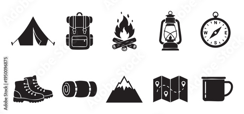 A clean black and white silhouette collection of essential camping gear icons, perfect for outdoor adventure and travel themes.