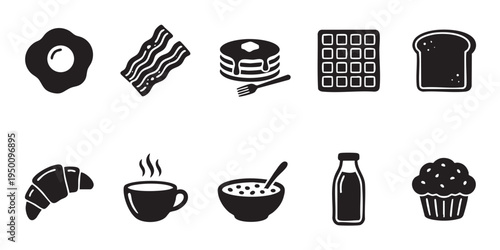 A collection of simple black icons depicting various breakfast foods on a white background, including eggs, bacon, pancakes, and coffee.