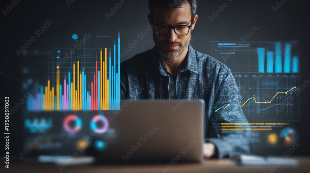 Fototapeta premium Data Analytics concept, Data Annotation, Data Analysis, Smile businessman use laptop analyzing data for competitor benchmarking and market positioning