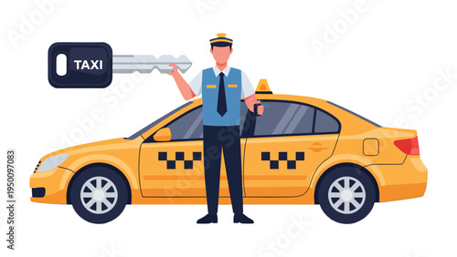 Taxi Driver and Taxi: An illustration depicting a taxi driver holding a taxi key, standing next to a yellow taxi, representing service and transport.