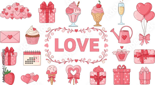 Valentine love icons collection with gifts hearts balloons desserts and romantic elements flat vector illustration set
