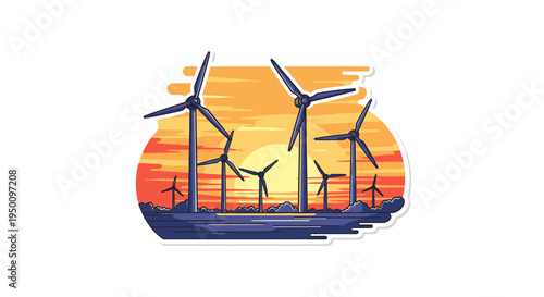 Wind Turbines Against Sunset Scene vector illustration