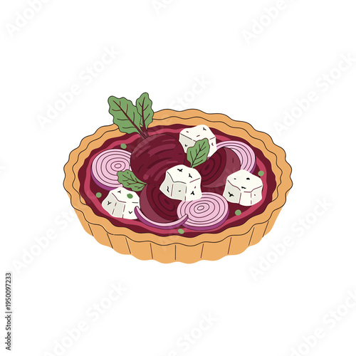 Beetroot Tart with Feta Cheese and Red Onion vector illustration