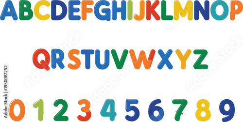Colorful alphabet letters and numbers collection playful educational typography set for kids learning flat vector illustration