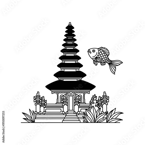 Balinese Temple with Goldfish Black and White Outline vector illustration