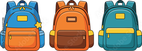 School backpacks collection colorful student bags for education travel and daily use flat vector illustration set