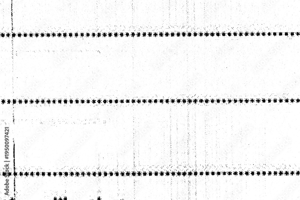 Obraz premium Distressed dotted line texture with ink marks and paper noise from scanned page defects. Analog macro paper texture isolated on transparent background.
