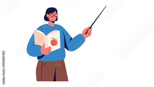 Teacher's Guidance: A teacher, holding an open book, points with a wooden stick in her hand, dressed in casual wear, her face wears a pair of eyeglasses, showcasing wisdom and expertise in education.