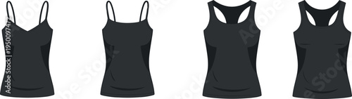 Set of blank black women tank top and camisole icons, vector apparel templates for clothing mockupsSet of blank black women tank top and camisole icons, vector apparel templates for clothing mockups