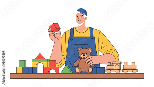 Creative Playtime: A tender moment as a person, dressed in overalls, explores colorful building blocks and cuddly toys, a symbol of imagination and creativity.