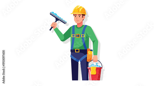 Cleaning in Progress: A focused window cleaner diligently prepares for his next task, holding a squeegee and a bucket of cleaning supplies, a testament to dedication and meticulousness.