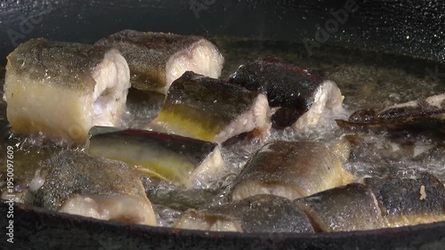 Close up of Eel fish being fried in a pan. Frying eel pieces in a plate