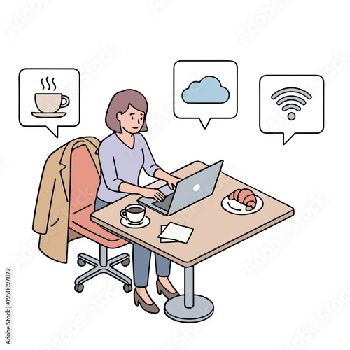 A woman works on her laptop at a desk with coffee and pastry in a casual setting.