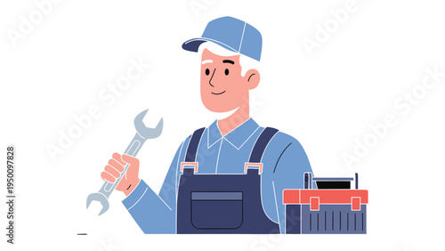 Expert Technician: A skilled technician, in professional attire, is confidently holding a wrench with a toolbox set nearby, ready to tackle any mechanical challenge.