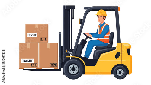 Forklift Operator at Work: A skilled worker maneuvers a forklift, laden with boxes, within a warehouse setting. Symbolizing logistics, transportation and the essence of industry.