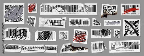 Damaged barcodes, crumpled QR code labels, product ID stickers with torn edges. Serial number badges, inventory barcode with peeling corner, pricing tags, ripped off package tracking codes vector set