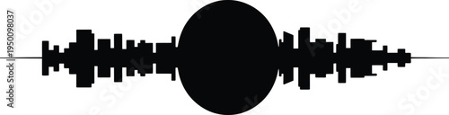 Abstract city skyline reflection silhouette centered around large circular sun or moon element