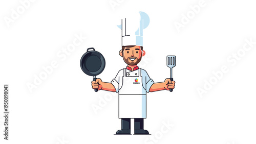 Culinary Maestro: A chef, clad in a crisp uniform, stands ready in the kitchen, holding a pan and spatula