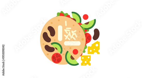 Infographic illustration of a burrito with various ingredients such as rice beans, grilled chicken, beef filling, fresh vegetables, tomato salsa, guacamole, sour cream, and shredded cheese