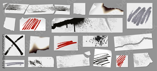 Damaged stickers, blank torn paper sheets with torn edges and dirty stains. Realistic paper scraps with burn edge, graffiti ink splatter sticker, black marker scribbles on crumpled note vector set