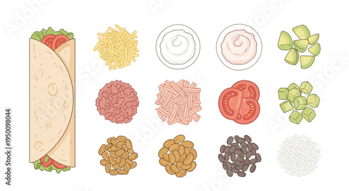 Infographic illustration of a burrito with various ingredients arranged around a tortilla wrap on a white background.