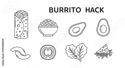 Infographic illustration of burrito ingredients including tortilla wrap, rice beans, avocado slices, jalapeno pepper, and fresh vegetables for a homemade mexican dish.