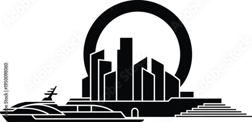 Celestial circle background behind modern city skyline and luxury yacht vector silhouette art