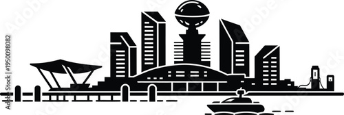 City silhouette with modern architecture, observation tower and boat on water near fueling station