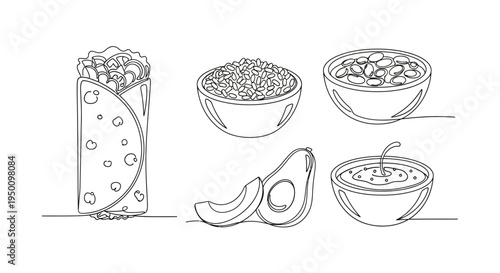 Infographic illustration of burrito ingredients including tortilla wrap, rice beans, avocado slices, and various toppings for Mexican cuisine.