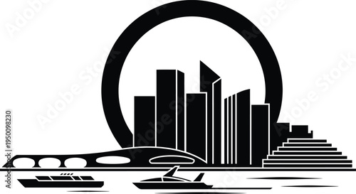 Cityscape with bridge, boats and stadium, urban panorama vector illustration