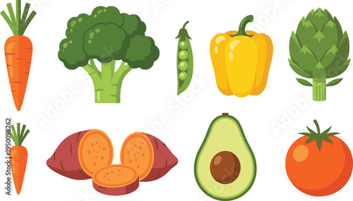 Fresh vegetables collection with carrot broccoli pepper tomato avocado artichoke and sweet potato flat vector illustration set