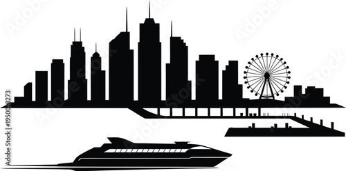 Coastal city skyline silhouette with pier harbor infrastructure ferris wheel and express ferry