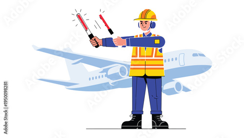 Guiding the Flight: An airport ground crew member directs an aircraft safely toward the runway using illuminated wands, ensuring a seamless and secure operation.