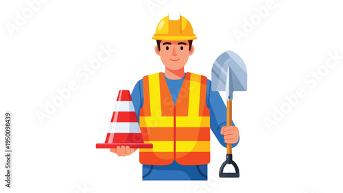 Construction Worker with Shovel and Cone: A construction worker stands ready, holding a shovel and safety cone, symbolizing diligence and dedication in the field.