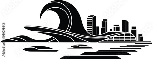 Futuristic city skyline with large stylized wave and modern watercraft vector design