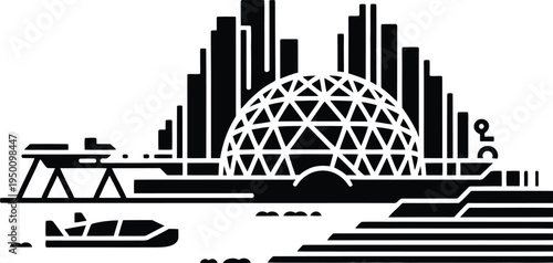 Futuristic city with a large geodesic dome and advanced transportation systems concept vector art