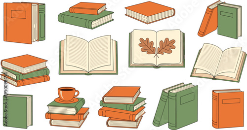 Books and reading collection with open books stacks notebooks and coffee study flat vector illustration set