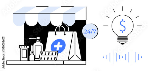 E-commerce, pharmacy, healthcare, innovation, convenience, retail solutions. Pharmacy shopfront with a bag, pills and a lightbulb with a dollar sign. E-commerce and healthcare innovation concept