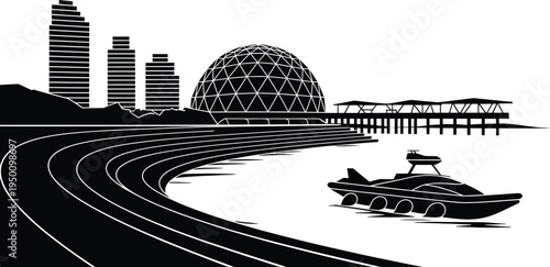 Geodesic dome building on waterfront with modern skyscrapers and luxury speedboat vector design