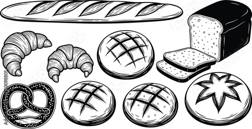 Bread and bakery silhouettes set, baguette croissant loaf pretzel pastry food vector illustration collection isolated