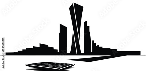 Modern city silhouette with futuristic skyscrapers and a solar panel on water reflections