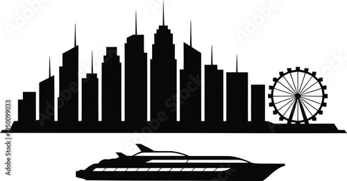 Urban skyline silhouette illustration with dense skyscrapers ferris wheel and sleek motor yacht