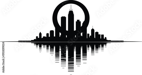 Urban skyline reflection with abstract circle element, modern city panorama vector illustration