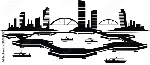 Urban skyline with bridges and geometric floating islands with boats vector illustration