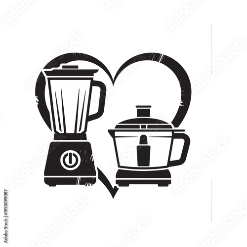 A black and white illustration depicts a blender and a food processor embraced by a heart shape